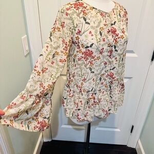 Babydoll Top cream floral ruffle hem bell sleeve boho sheer floral spring blouse